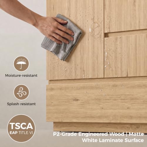 IRONCK 30-Inch Bathroom Vanity with Ceramic Sink, Modern (Natural Oak) | Power Outlet | Freestanding | Divided storage | Hiddle Handle | Soft-Close Hinges