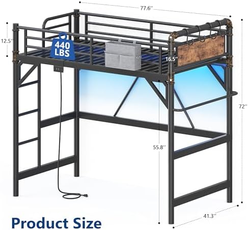 Twin Size Loft Bed with LED Lights and Charging Station, Industrial Heavy Duty Metal Loft Bed Frame with Ladder and Guardrail for Kids Adults, Small Space Saving Design for Bedroom Dorm, Vintage Brown