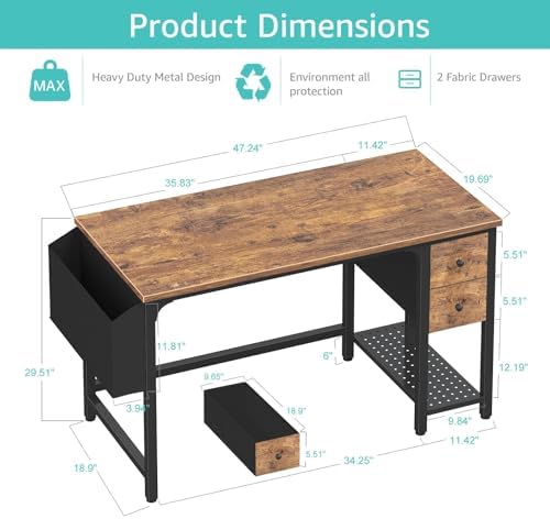 Lufeiya Computer Desk with Fabric Drawers, 47 Inch Desk for Small Space Home Office, Modern Simple Study Writing Table PC Desks for Bedroom, Rustic Brown