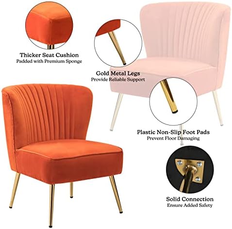 HULALA HOME Velvet Accent Chair, Modern Upholstered Cute Side Chair with Gold Metal Legs, Armless Wingback Slipper Chair Comfy Living Room Chair for Bedroom Guest Room Vanity,Orange
