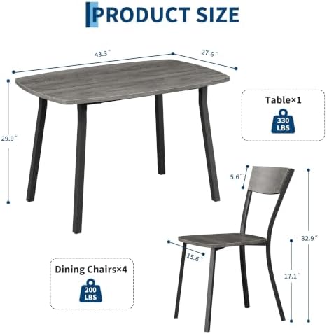 Garvee 5 Piece Dining Table Set for 4 with Trapezoid Back Chairs, Gray