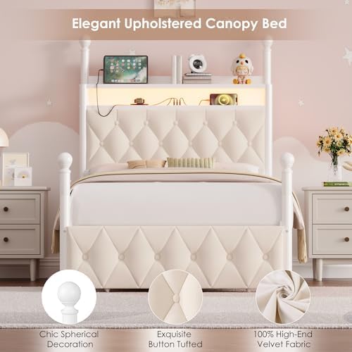 HIFIT Twin Size LED Canopy Bed Frame with Storage & Charging Station, Beige