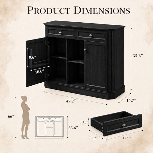 Black Coffee Bar with 2 Drawers & 2 Doors, LED Wine Bar Cabinet with Wine Glasses, Coffee Station with Built-in Outlets, Buffet Cabinet Sideboard with Extra Storage for Living Room Kitchen Entryway