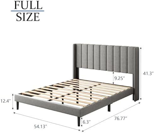Gruwans Full Size Bed Frame with Upholstered Wingback Headboard, Easy Assemnly Platform Bed, Wooden Slat Support No Box Spring Needed, Light Gray