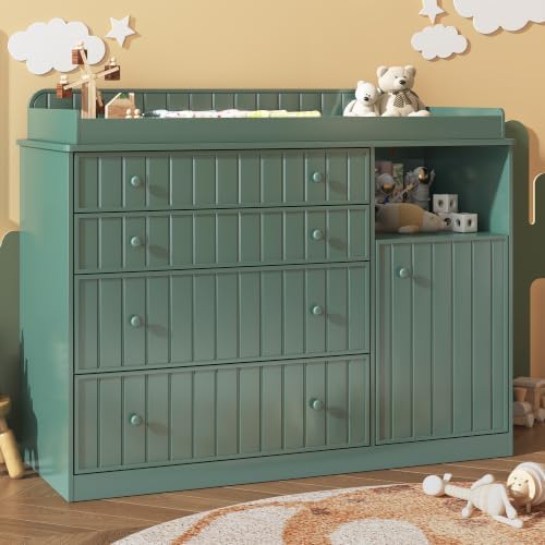Green Changing Table Dresser with 4 Drawers, Baby Nursery Diaper Table