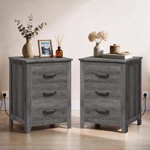 VASAGLE Farmhouse Nightstands Set of 2, with Charging Station, 3 Drawers
