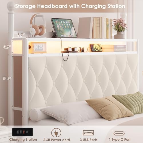 HIFIT Queen Size LED Canopy Bed Frame with Storage & Charging Station,Beige