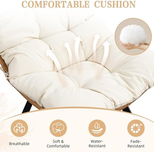 Vongrasig Swivel Wicker Chair PE Rattan Chair with Cushion, Oversized Patio Lounge Chair for Outdoor, Indoor, Balcony, Backyard, Garden, Living Room, Beige