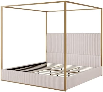 Merax Luxury King Metal Canopy Bed with Tall Upholstered Headboard, Beige