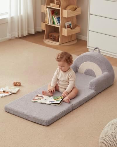 Blissful Diary Foldable Kids Couch, 2-in-1 Kids Sofa Chair, Gray Rainbow