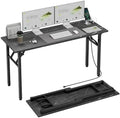 TEMI Small Computer Desk Folding Table - No Assembly, Compact 55.1" Foldable Desk with Power Outlets & USB Charging Port, Portable Small Office Desk, Ideal Mini Study Table, Marble Greige