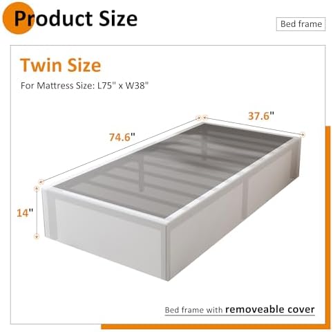 Maenizi Twin Bed Frame with White Fabric Cover 14 Inch, Heavy Duty Metal Bed Frame Twin, No Box Spring Needed, Support Up to 2500 lbs, Easy Assembly, Noise Free, Black