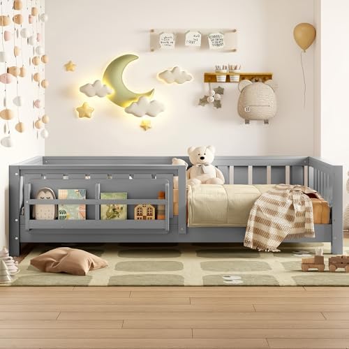 Bellemave Twin Size Montessori Floor Bed with Rails and Slats, Twin Size Floor Bed with Bookshelf and Fence, Low Profile Montessori Beds Frame for Girls, Boys, White