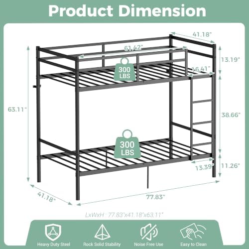 Metal Bunk Bed Twin Over Twin for Kids and Teens, Noise-Free Design, Black