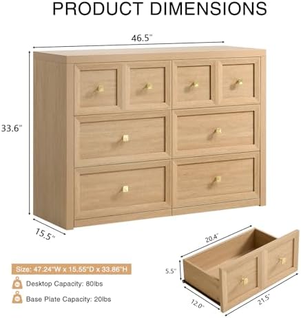 3-Piece Bedroom Set, 6 Drawer Dresser and 3 Drawer King Size Nightstands Set of 2 with Charging Station, 3 Piece Farmhouse Wood Bedroom Dresser and Nightstand Sets,Natural