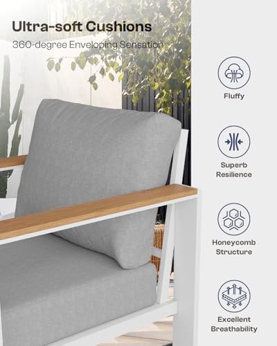 Aluminum Outdoor Patio Armchair, All-Weather Patio Couch Set of 2 with Thick Removable & Washable Cushions, Rustproof Heavy-Duty Outdoor Chairs for Deck, Porch, Yard, Garden, Poolside, Indoor, White