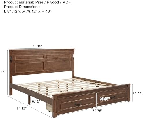 King Size Bed Frame with 2 Storage Drawers & Tall-Panel Headboard and Footboard, Wood Platform Storage Bed Built-in LED Lights, USB Charging Station, No Box Spring Required (Walnut)