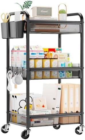 YASONIC 3 Tier Metal Rolling Cart, Black Utility Storage Cart with Wheels