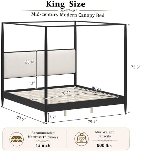 Merax King 4-Poster Wood Canopy Bed with Boucle Headboard, Black