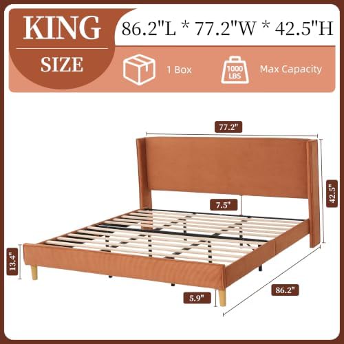 King Corduroy Upholstered Platform Bed with Headboard Wingback, Ocher