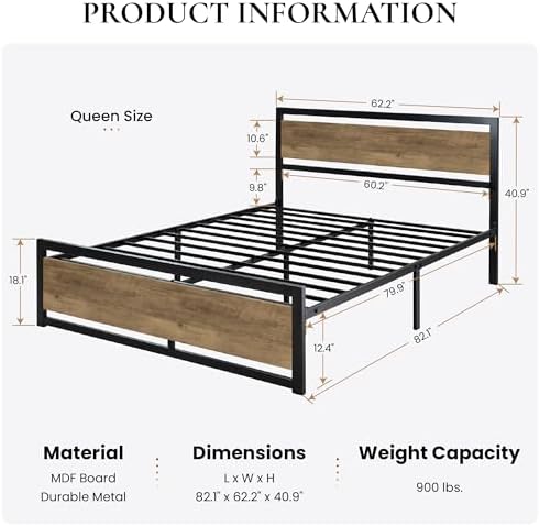 SHA CERLIN Heavy Duty Queen Size Bed Frame with Modern Headboard, Brown