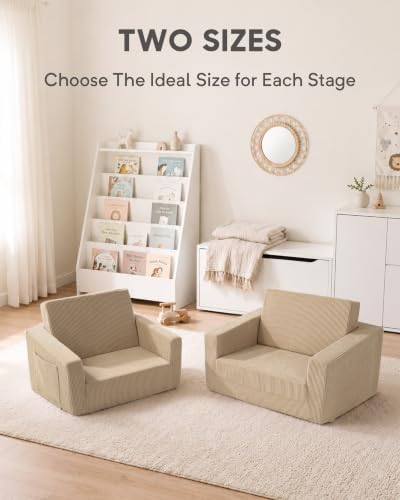 2-in-1 Kids Chair and Couch, Larger Cozy Corduroy Kids Sofa, Beige