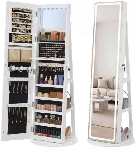 SONGMICS HOME LED Standing Jewelry Armoire, Vanity Mirror with Storage | Full Length Mirror with Lights, Lockable Large Jewelry Box, Space-Saving Jewelry Organizer, Gift Idea, White UJJC008W01SH