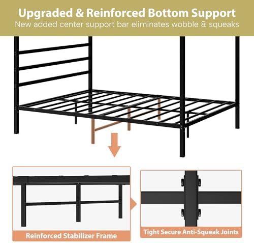 SUPER DEAL Full Size Metal Canopy Bed Frame, Built-in Headboard Sturdy Slatted Structure Four Poster Platform Mattress Foundation, No Box Spring Needed Easy Assembly, Black