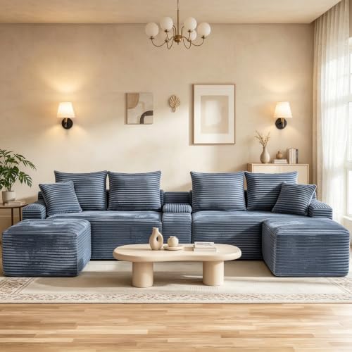 127" U Shaped Cloud Couch Modular Sectional Sofa, Comfy Fluffy Corduroy Grey Boneless Sectional Couches for Living Room, Modern Cloud Sofas with Cup Holders & USB Port, Grey