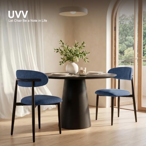 UVV Dining Chairs Set of 6, Metal Kitchen Chairs with Modern Fabric Upholstered for Dining Room, Navy Blue