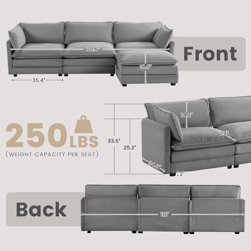 ROWHY 112'' Modular Sectional Cloud Couch with Movable Ottoman, 4 Seat Modern Corduroy Sofa, Deep Seat L Shaped Couch for Living Room Bedroom Apartment,Dark Grey