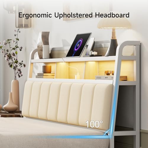 Queen Headboard Only with Storage, Charging Station, Off White