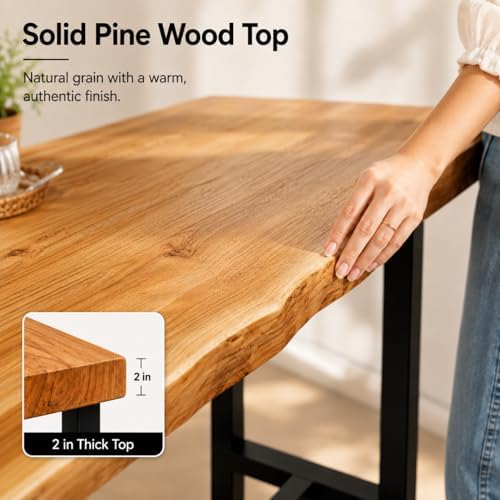 Solid Pine Wood Bar Table 55.1" - Industrial Counter Height Pub Table with Heavy Duty Steel Frame - Narrow High Top Table for Kitchen Island Home Bar & Small Spaces - Rustic Farmhouse (No Stools)