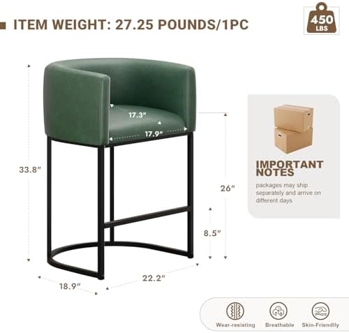 26" H Counter Height Bar Stools Set of 1, Modern Barrel Counter Stools with Backrest and Arms, Faux Leather Upholstered Accent Barstools for Kitchen Island,Support 450 LBS (Green)