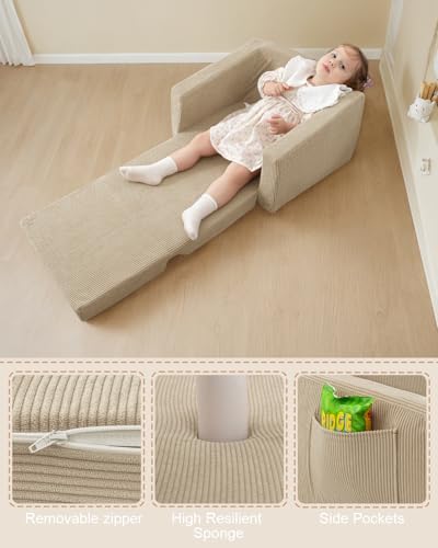 2-in-1 Kids Chair and Couch, Cozy Corduroy Kids Sofa, Beige