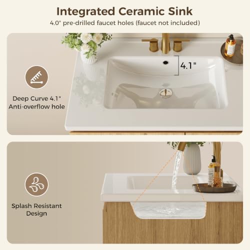 IRONCK 30-Inch Bathroom Vanity with Ceramic Sink, Modern (Natural Oak) | Power Outlet | Freestanding | Divided storage | Hiddle Handle | Soft-Close Hinges
