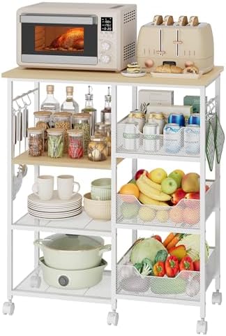 HapiRm Rolling Kitchen Carts with Storage - Microwave Table Stand with 6 Hooks & 3 Baskets, kitchen Island Cart on Lockable Wheels, 28.3" L × 14.6" W Bakers Rack Cart for Dining Room Coffee Bar Office
