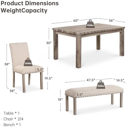 Morden Fort Dining Table Set for 6, Farmhouse Wooden Table & Upholstered Bench & 4 Dining Chairs, Kitchen Dining Set with Nailhead Accents, Rectangular Table Sets for 6 for Kitchen/Dining Room