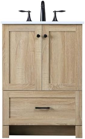 24" Pre-Assembled Bathroom Vanity with Sink, MDF Engineered Wood, Ivory White Engineered Marble Countertop Attached, Single Rectangle Porcelain Sink, 1 Soft-Close Drawers, Mango Wood