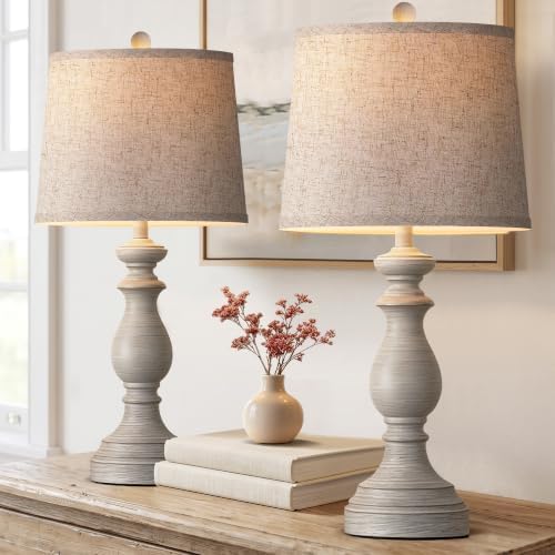 PARTPHONER Traditional Table Lamp Set of 2, Rustic Farmhouse Table Lamps for Living Room Bedroom, 27" Bedside Desk Lamps Vintage Nightstand Lamps with Linen Shades, Antique Grey