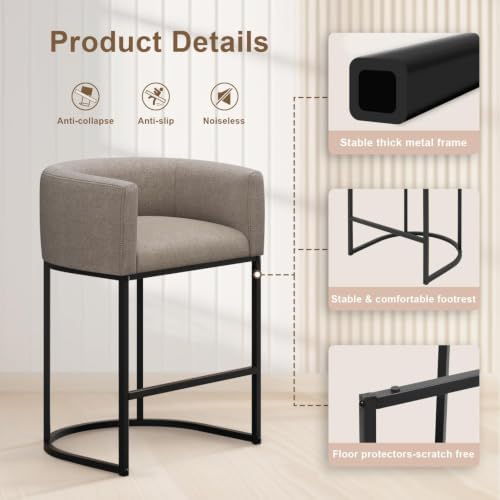 26" H Counter Height Bar Stools Set of 3, Modern Barrel Counter Stools with Backrest and Arms, Linen Fabric Upholstered Accent Barstools for Kitchen Island,Support 450 LBS (Sand)