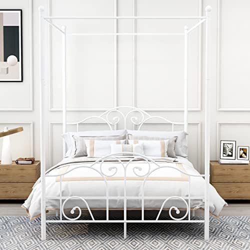 Full Size Four-Poster Metal Canopy Bed Frame,White