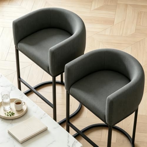 26" H Counter Height Bar Stools Set of 1, Modern Barrel Counter Stools with Backrest and Arms, Linen Fabric Upholstered Accent Barstools for Kitchen Island,Support 450 LBS (Carbon Black)