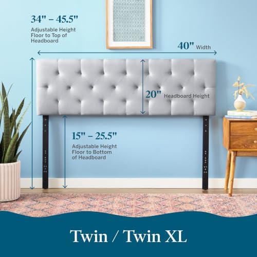 Lucid Mid-Rise Upholstered Headboard - Diamond Tufted - Padded Polyester - Adjustable Height from 34” to 46” - Easy Assembly - Bed Frame or Wall Mount - Sturdy - Stone - Twin / Twin XL Size