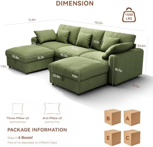Ihanherry Oversized Cloud Sectional Couches for Living Room, Modular Sectional Sofa with Wide Deep Seat, Coner Couch with Throw Pillow and Storage Ottoman, Green