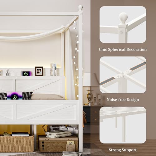 Canopy Bed Frame King Size with Barn Storage Headboard, Beige