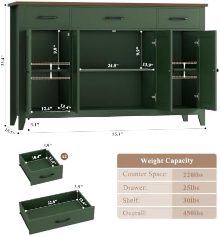 HORSTORS 55" W Buffet Cabinet with Storage, Kitchen Storage Cabinet, Green