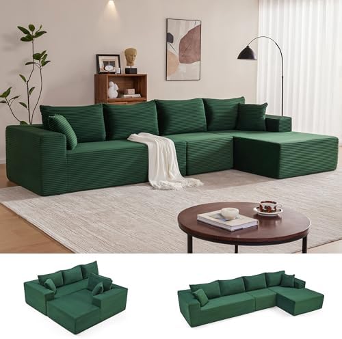 Mangodan 140” Cloud Sectional Couch, Boneless Sofa for Living Room, Modular Sectional Sofa with Deep Seat, Comfy Fluffy L-Shaped Couch with Right-Facing Chaise, No Assembly Required, Green