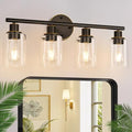 4-Light Bathroom Light Fixtures, Brown and Gold Modern Vanity Lights Over Mirror with Clear Glass Shade, Bathroom Wall Lamp for Mirror Kitchen Living Room Hallway Cabinet Porch Bedroom Reading room