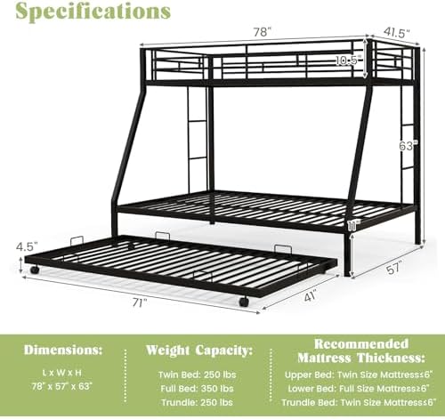 Giantex Twin Over Full Bunk Bed with Trundle, Heavy-Duty Metal Triple Bunk Beds w/Two Side Ladders & Safety Guard Rail, 3 in 1 Bunk Beds for Kids Teens, No Box Spring Needed, Black